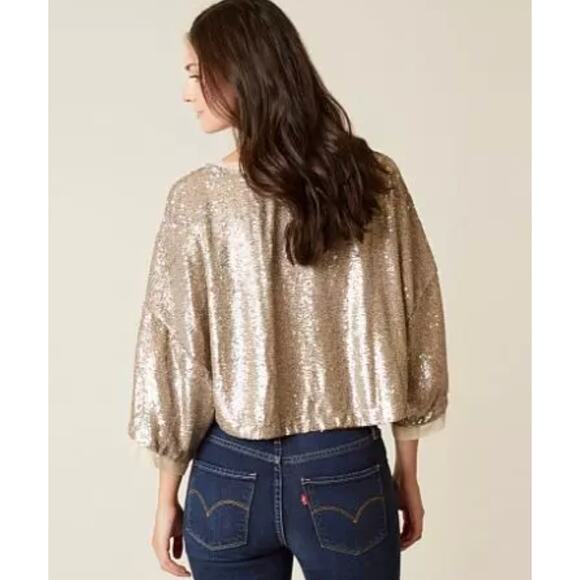 Free People Top Womens Small Gold Champage‎ Dreams Sequin Blouse Glam - Picture 3 of 10